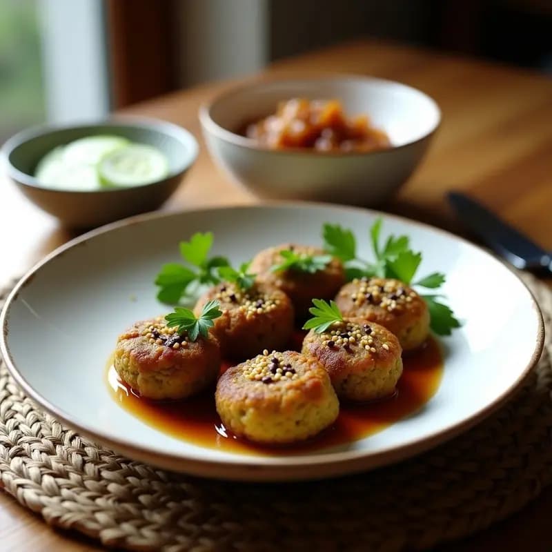 Plato de kofte persa vegano en sartén antiadherente, con lentejas y cebolla caramelizada dorados, espolvoreados con semillas de sésamo y acompañados de perejil fresco.