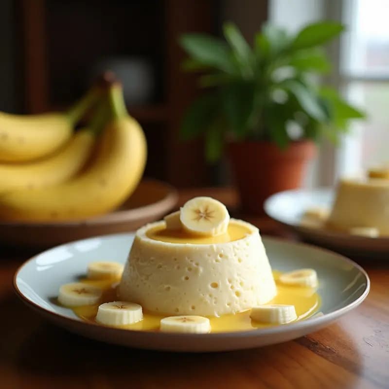 Kokoloda de plátano macho y coco horneada, dorada y esponjosa, con trocitos de coco tostado en la superficie, servida en un plato rústico de cerámica blanca con una cucharada de salsa de coco al lado. Postre caribeño sin azúcar y sin gluten.