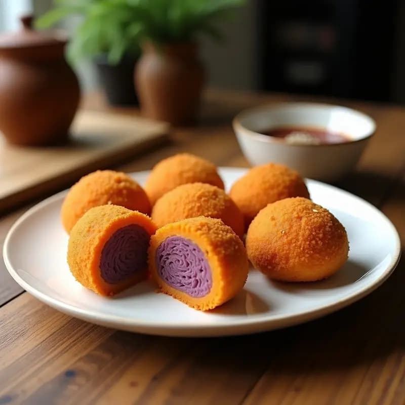 Korokke japonés crujiente de puré de batata morada y carne de res, dorado y perfectamente empanizado con panko, servido en un plato blanco con salsa tonkatsu al lado. Receta en airfryer sin aceite.