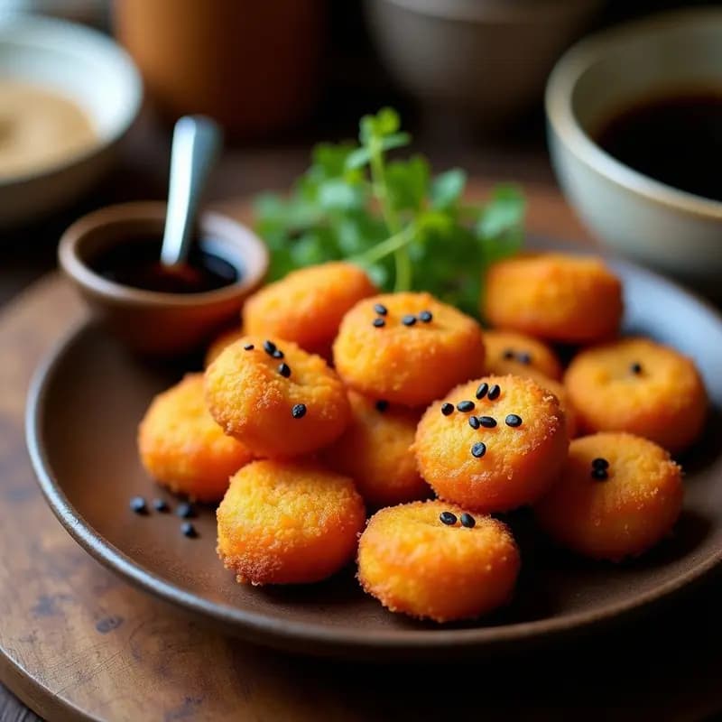 Korokke veganas de puré de boniato y queso de anacardos doradas y crujientes, servidas en un plato de madera con semillas de sésamo negro y acompañadas de salsa teriyaki. Aperitivo japonés vegano en airfryer.