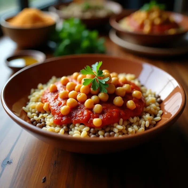 Plato hondo de barro lleno de Koshari Egipcio con capas de arroz basmati, lentejas parda y pasta ditalini, coronado con garbanzos dorados crujientes y bañado en salsa de tomate especiada. Decorado con perejil fresco y un toque de vinagre de manzana, receta vegana y alta en fibra.