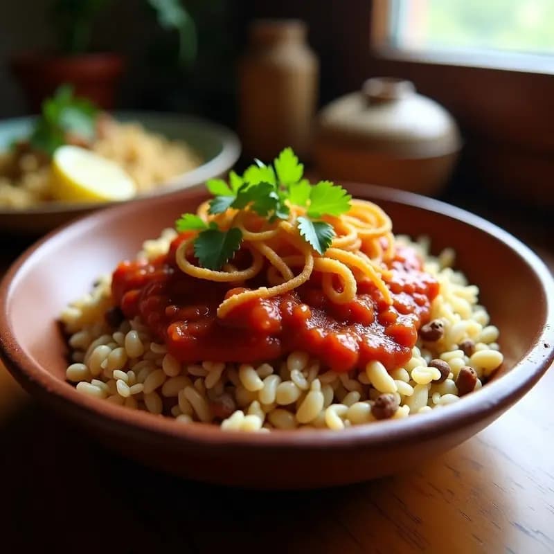 Plato hondo de barro con koshari egipcio vegano: capas de arroz basmati, lentejas pardinas, pasta ditalini y garbanzos, cubierto con salsa de tomate especiada y cebollas moradas crujientes. Receta alta en fibra y proteína vegetal.