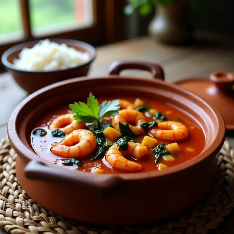 Olla de barro humeante con kotonkán de camarones y ñame, guiso congoleño de color rojo intenso por el aceite de palma, con trozos de ñame, camarones y hojas de espinaca. Acompañado de cilantro fresco y un cuenco de arroz blanco al lado.