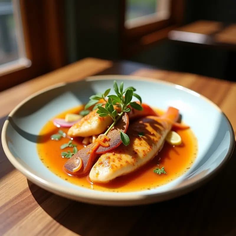 Pescado blanco al vapor en papillote abierto sobre papel de horno, cubierto con hierbas frescas, cebolla morada y hojas de limón kaffir, con un fondo de arroz jazmín y rodajas de lima, receta tailandesa Krabi Pa Nong.