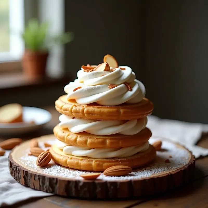 Kransekage danés de almendras y cardamomo en capas apiladas, con merengue italiano blanco decorando los bordes y almendras fileteadas doradas, servido en bandeja de madera rústica.