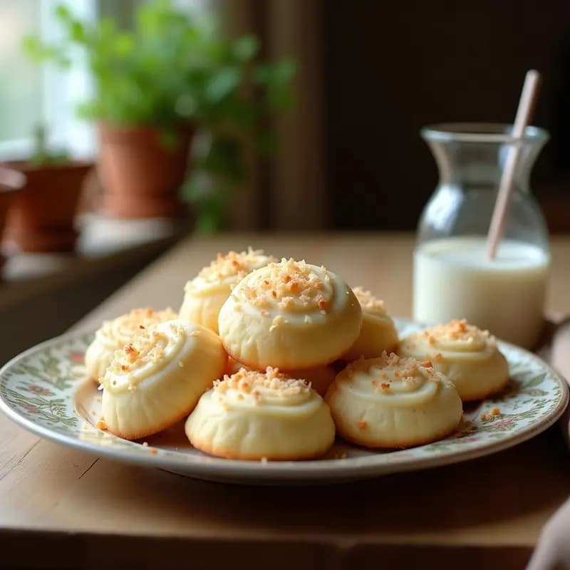 Bandeja de galletas Kue Bangkit indonesias, doradas y abombadas, con textura esponjosa y coco rallado visible, sobre papel de hornear rústico. Postre tradicional para Año Nuevo Chino.