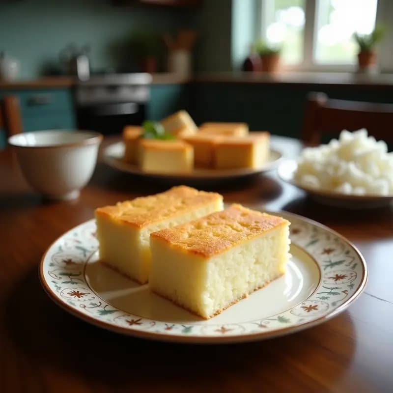 Kueh Bengka Ubi Kayu, pastel de yuca y coco sin gluten de Singapur, cortado en porciones doradas con textura esponjosa y crujiente, servido en plato de cerámica blanca con hojas de pandan de decoración.