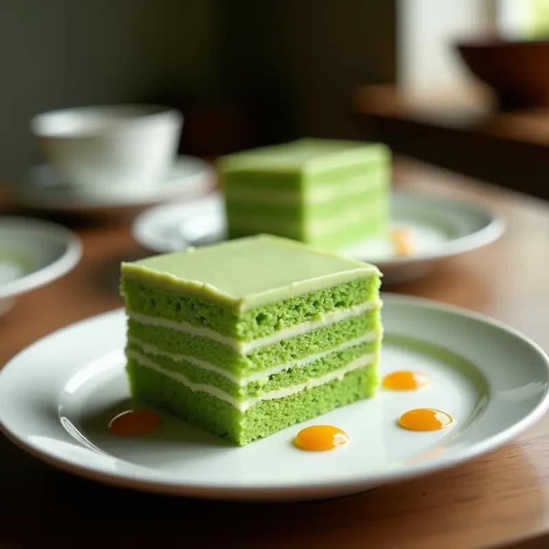 Pastel Kueh Lapis Indonecio de pandan y coco en capas coloridas verde, amarillo y rosado, con coco rallado por encima, cortado en cuadrados y servido en plato blanco sobre fondo rústico.