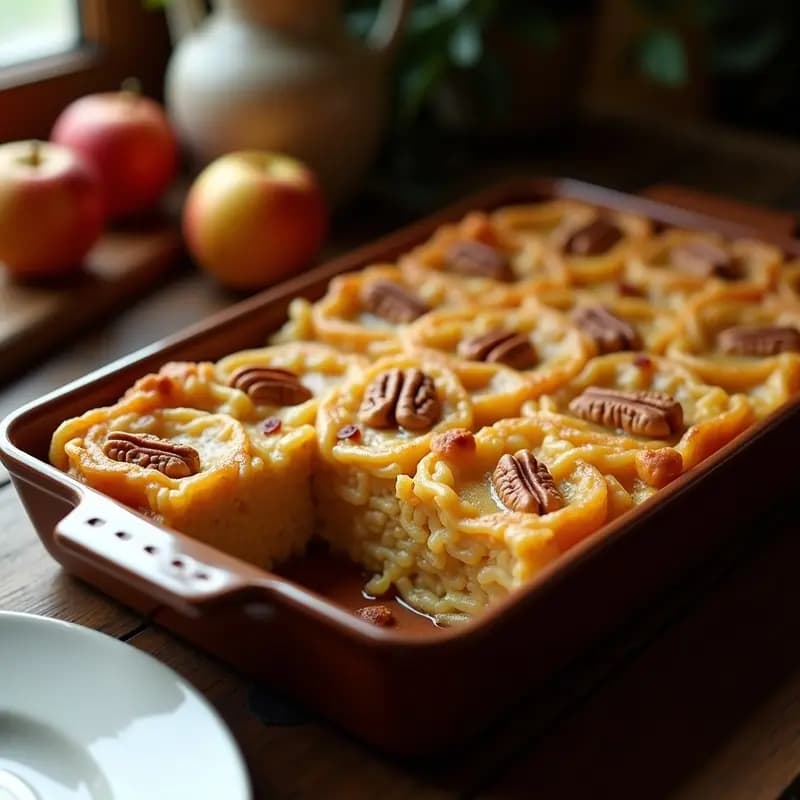 Kugel de fideos con manzana y canela en molde rectangular dorado, con trozos de manzana caramelizada y nueces tostadas en la superficie, servido en porciones cuadradas sobre plato blanco rústico.