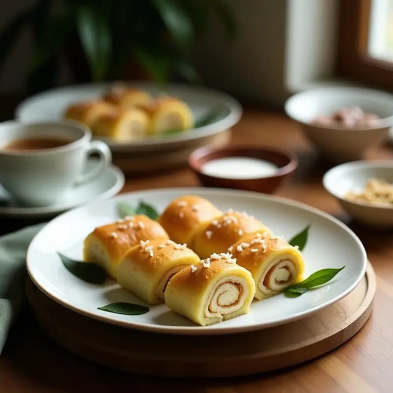 Plato blanco con rollitos de Kuih Dadar Malasio, crepes verdes de pandan rellenos de coco rallado y azúcar de palma, presentados en diagonal con coco tostado espolvoreado y hojas de pandan como decoración.