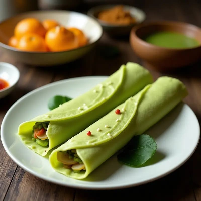 Plato blanco con crepes verdes malasios (Kuih Dadar) rellenos de coco rallado y palm sugar, enrolladas y apiladas. Fondo con hojas de pandan y coco rallado espolvoreado.