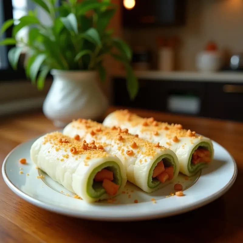 Plato blanco con 8 Kuih Dadar veganos y sin gluten, rollitos verdes de crepe de pandan rellenos de coco rallado, sobre hoja de plátano, con pétalos de rosa y gotas de agua de rosas.