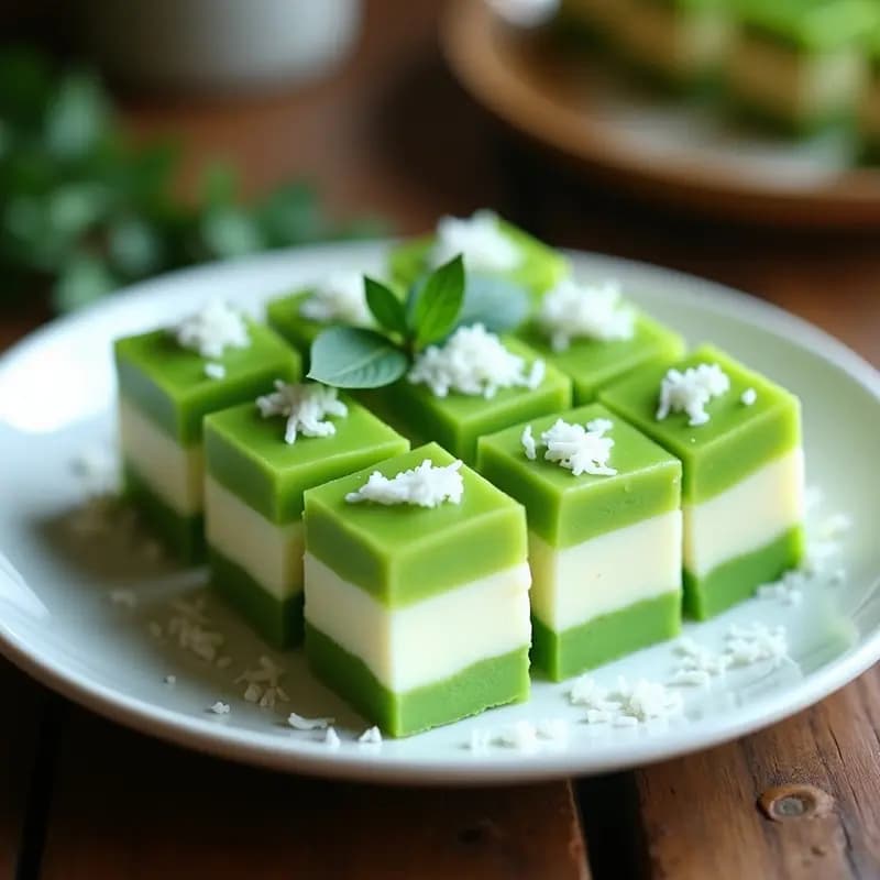 Pastel malasio Kuih Lapis Beras sin azúcar en capas vibrantes rojo, verde, amarillo y blanco, cortado en porciones rectangulares sobre un plato de cerámica blanca, con hojas de pandan como decoración.