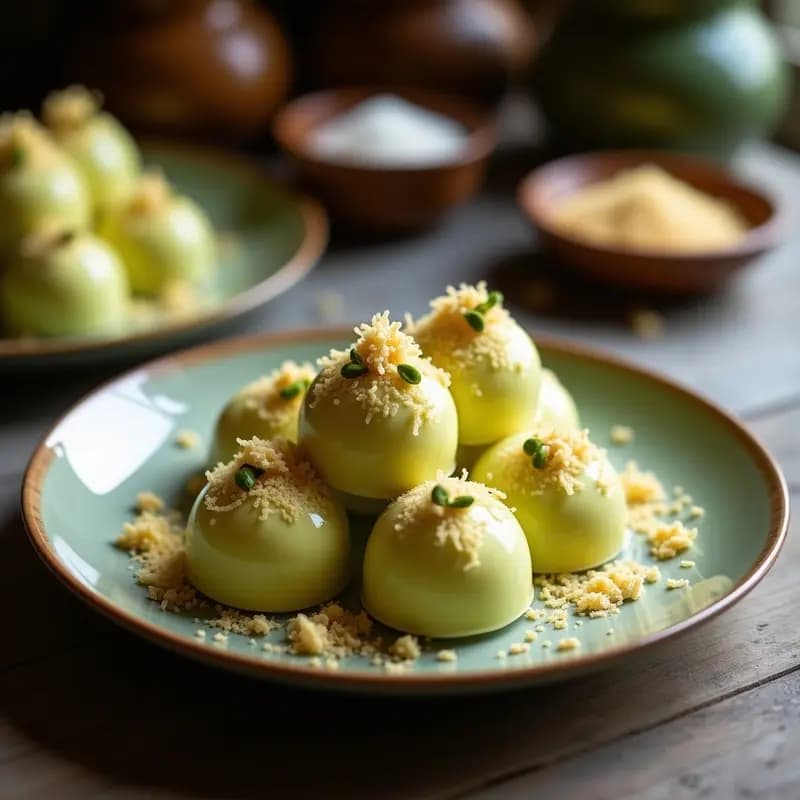 Kulfi indio sin lácteos en moldes de metal con virutas de coco y pistachos triturados en la superficie, sobre un plato de cerámica blanca con hojas de menta y semillas de cardamomo esparcidas.