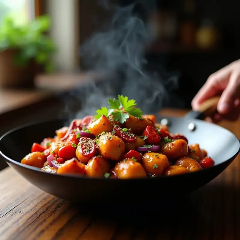 Wok de acero humeante con Kung Pao de pollo dorado y crujiente, maní tostado, trozos de cebolla morada y pimiento rojo, bañado en salsa brillante oscura con guindillas secas. Plato tradicional chinois picante y aromático.