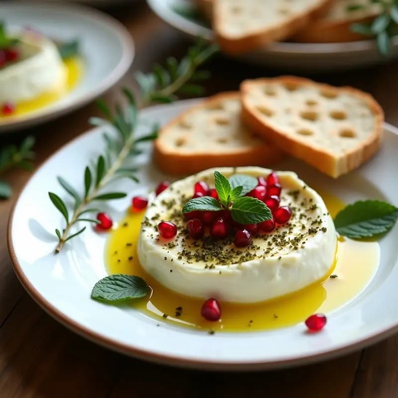Plato blanco con labneh cremoso cubierto de aceite de oliva dorado, zaatar espolvoreado y hojas de hierbabuena fresca, acompañado de pan de pita tostado. Receta libanesa tradicional de labneh con zaatar y aceite de oliva.