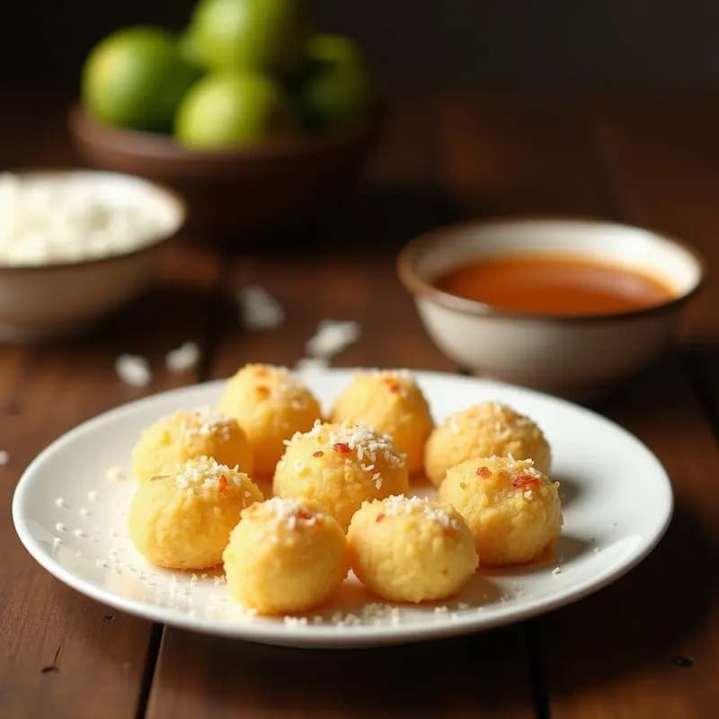 Ladoos indios de sémola y coco sin azúcar con estevia, servidos en un plato de cerámica blanca con detalles dorados, decorados con pistachos picados y coco rallado, bajo una luz cálida que resalta su textura granulada y su color beige dorado.