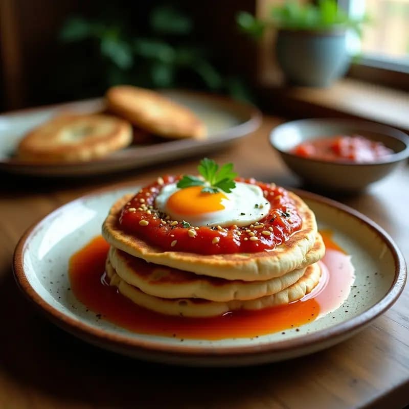 Plato de Lahoh Yemení esponjoso cubierto con salsa de tomate especiada, huevo pochado con yema líquida, semillas de sésamo y cilantro fresco, receta árabe tradicional.