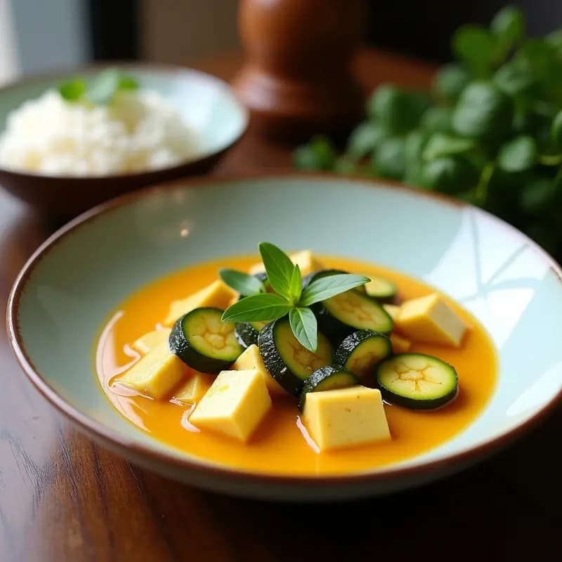 Cuenco hondo de cerámica negra con laksa vegana malasia: cremosa sopa amarilla de leche de coco y cúrcuma, con cubos de tofu dorado, medias lunas de calabacín verde, brotes de soja, cilantro fresco y anacardos tostados espolvoreados. Rodaja de limón al lado.