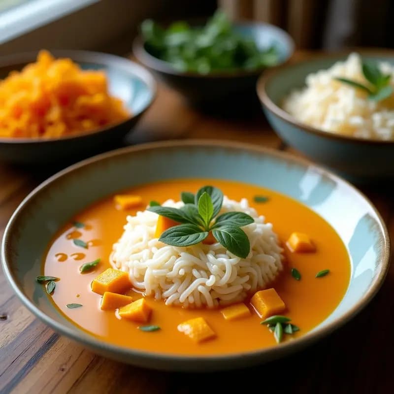 Cuenco hondo de cerámica negra con laksa de calabaza y coco vegana, fideos de arroz sumergidos en un caldo cremoso anaranjado, tofu dorado, brotes de soja y cilantro fresco. Rodajas de lima al lado sobre fondo de madera rústica.