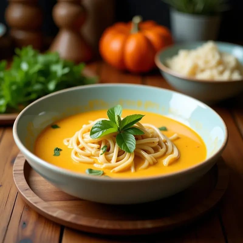 Cuenco hondo de cerámica negra lleno de laksa de calabaza y leche de coco con tofu, champiñones y hojas de albahaca tailandesa, decorado con rodajas de limón y trozos de lemongrass, sobre fondo rústico de madera.