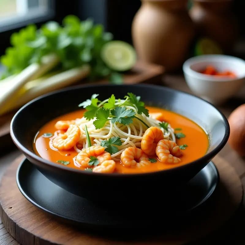 Bol de cerámica blanca con Laksa de Camarones y Calabaza, receta malasia baja en calorías. Sopa cremosa con camarones rosados, cubos de calabaza kabocha, fideos de arroz integrales, hojas de cilantro fresco y rodajas de limón. Fondo de mesa de madera rústica con lemongrass y hojas de kaffir como decoración.
