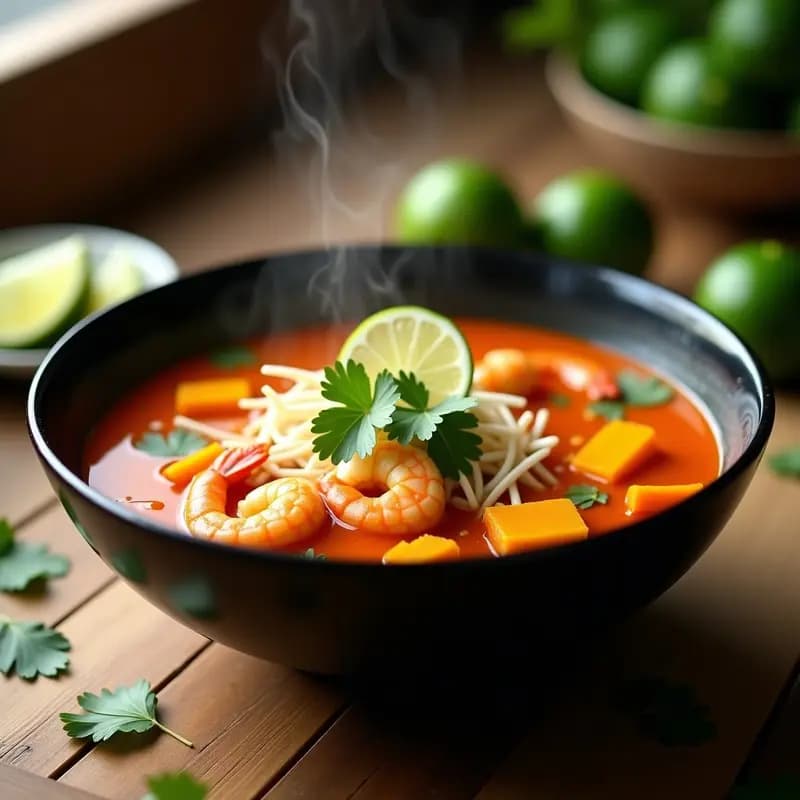 Tazón hondo de cerámica negra con laksa de camarones y calabaza, sopa malasia picante y baja en carbohidratos, con caldo cremoso de leche de coco, trozos de calabaza asada, camarones rosados, brotes de soja y cilantro fresco, servida con rodaja de limón.