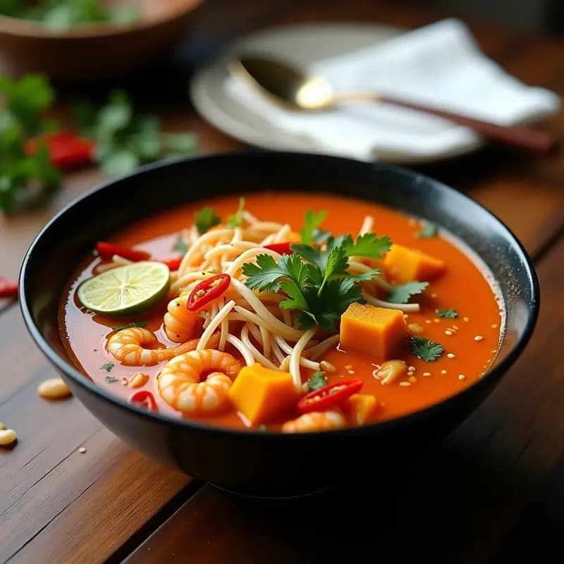 Bowl hondo de cerámica negra con laksa de camarones y calabaza en olla exprés, caldo cremoso color naranja con trozos de calabaza butternut, camarones rosados, brotes de soja, cilantro fresco y semillas de sésamo tostadas. Decoración con rodajas de chile rojo y hojas de kaffir lima.