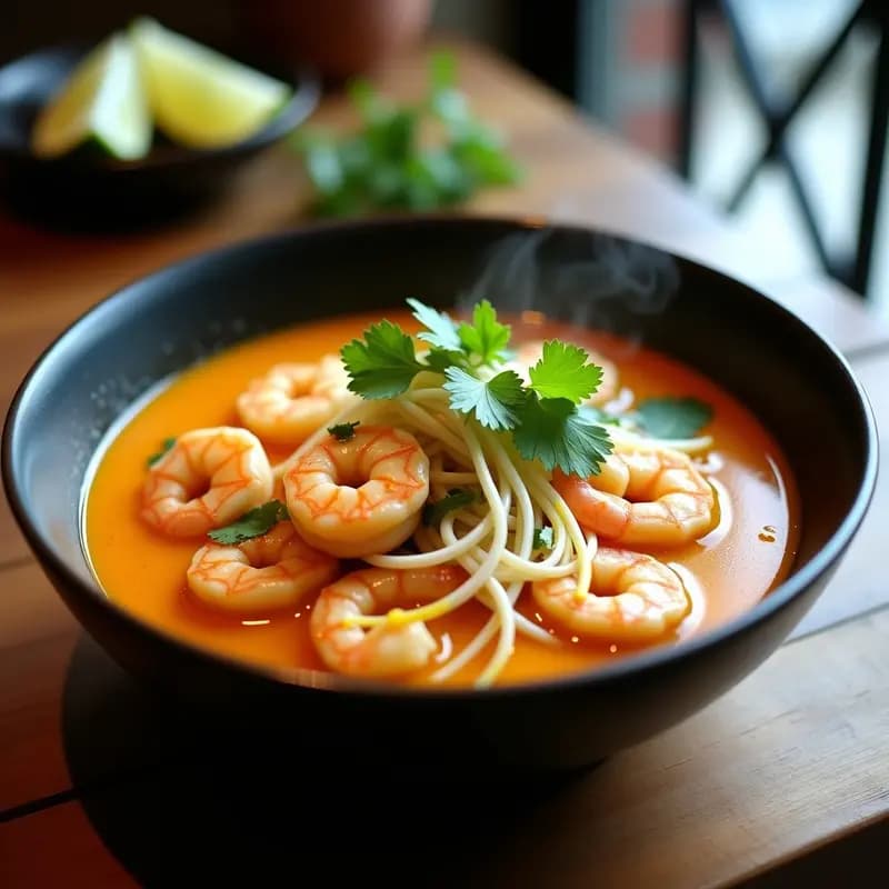 Cuenco hondo de cerámica oscura con laksa de camarones y fideos de arroz bañados en un caldo dorado de lüe de cúrcuma, decorado con brotes de soja, cilantro fresco y rodajas de limón. Sopa malasia alta en omega-3 con textura cremosa y aromática.