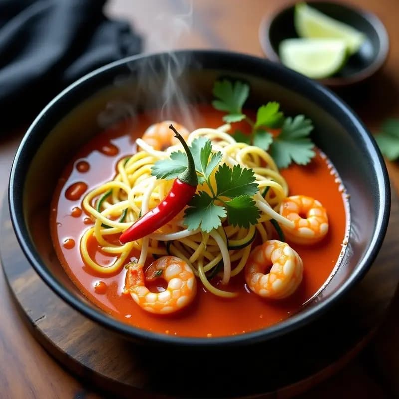 Bowl hondo de cerámica negra con laksa malasia keto: caldo rojo espeso con fideos de calabacín, camarones rosados, brotes de soja y cilantro fresco. Rodajas de chile rojo y lima kaffir como decoración.