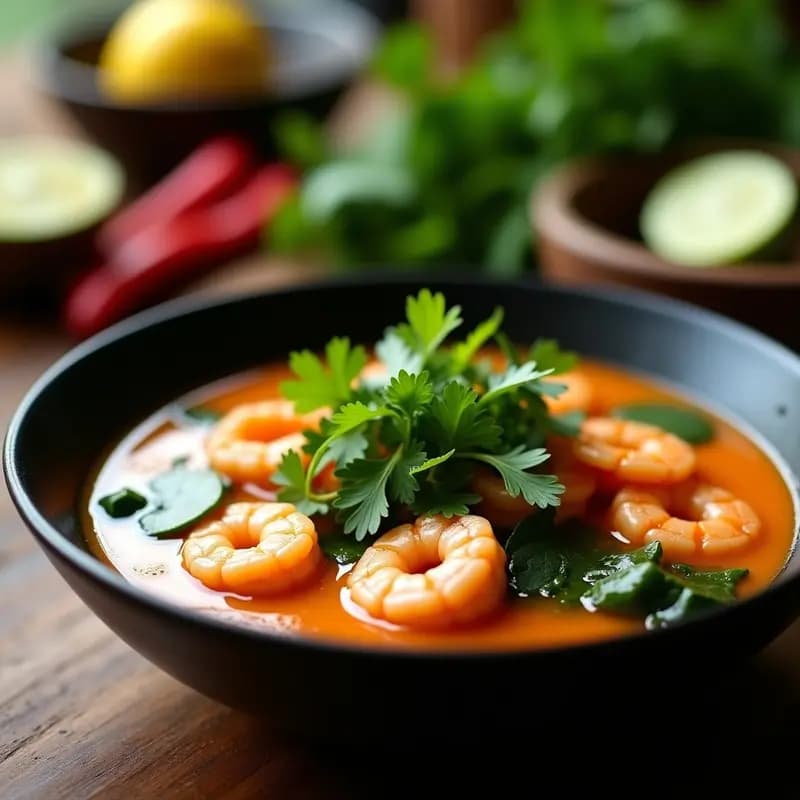 Bowl hondo de cerámica oscura con laksa de camarones y lechuga de mar, caldo cremoso color naranja intenso, camarones rosados, algas verdes y decoración de cilantro fresco y gajos de lima. Plato tradicional malasio con textura sedosa y aromas exóticos.