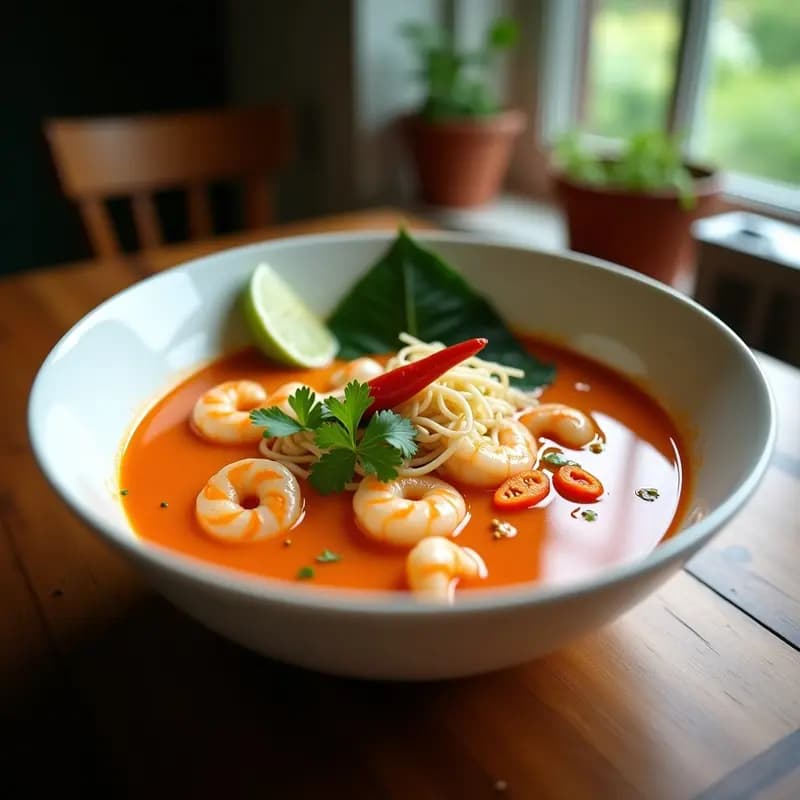 Cuenco hondo de cerámica negra con Laksa de Camarones y Litchis, sopa tailandesa dulce-picante, llena de camarones rosados, litchis translúcidos, fideos de arroz y decorada con albahaca tailandesa, cilantro y cacahuetes tostados. Fondos de ingredientes frescos y especias tailandesas.
