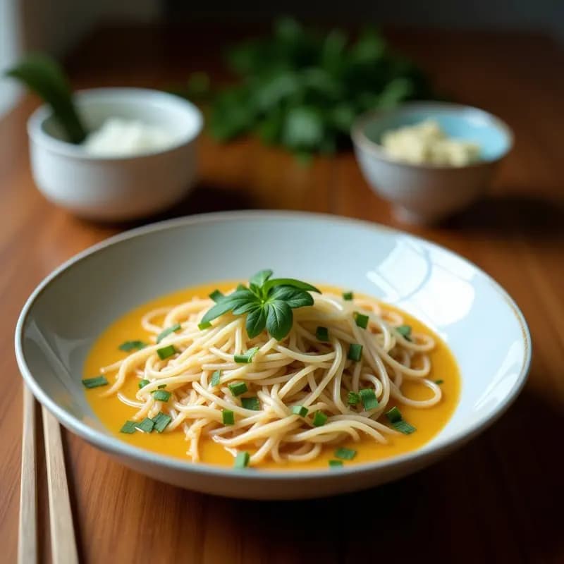Cuenco hondo de cerámica negra con laksa de coco y lemongrass, noodles de arroz blancos sumergidos en un caldo cremoso de color naranja, trozos de tofu dorado, gambas rosadas, brotes de soja y cilantro fresco. Rodajas de lima y chile rojo al lado, sobre un fondo de madera rústica.