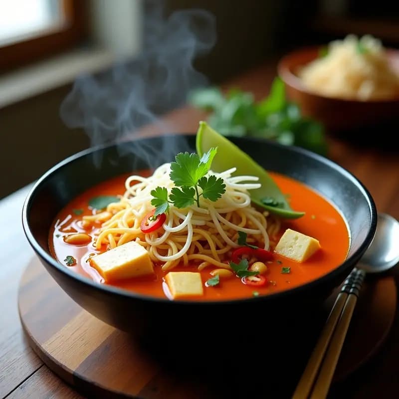 Cuenco hondo negro con laksa de curry rojo y calabaza vegana, fideos de arroz blancos sumergidos en un caldo cremoso anaranjado, decorado con tofu dorado, brotes de soja, cilantro fresco, cacahuetes picados y rodajas de chile rojo. Fondo con hoja de limón kaffir y tallo de hierba limón.