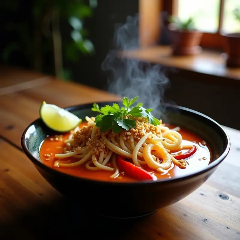 Cuenco hondo de cerámica oscura con laksa de curry rojo y calamares, fideos de arroz gruesos bañados en salsa cremosa de coco y especias, calamares tiernos, pimiento rojo, brotes de soja, cilantro fresco y cacahuetes tostados espolvoreados. Plato malasia picante y aromático servido con rodaja de lima al lado.