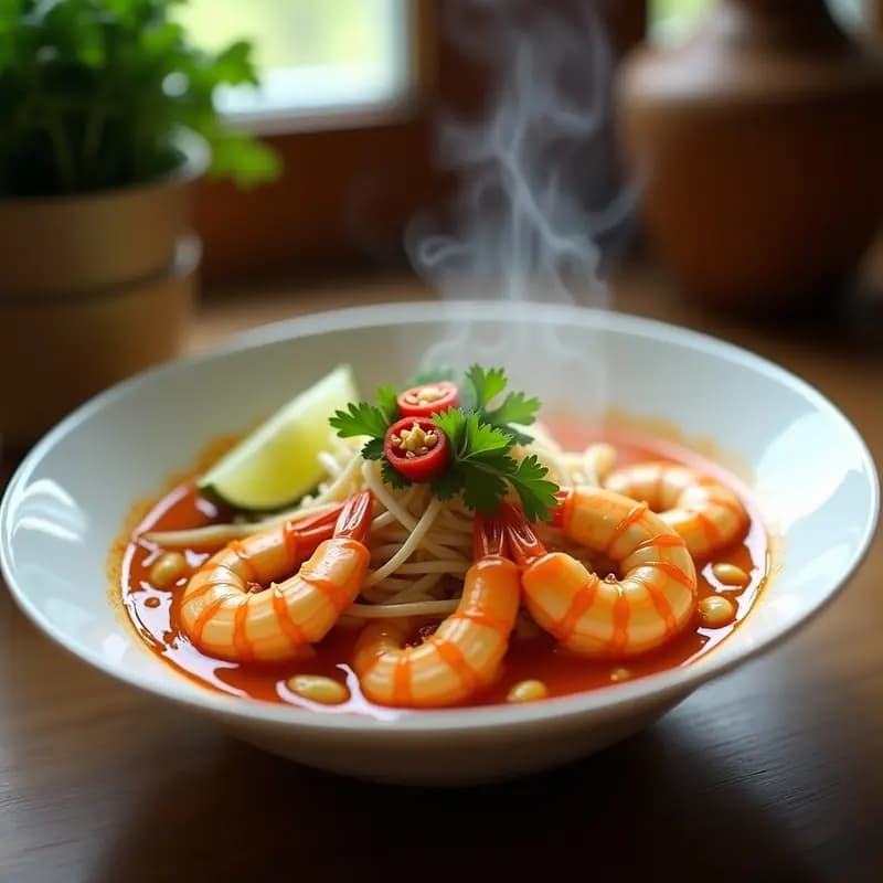 Bol hondo de cerámica blanca con Laksa de Curry Rojo con Gambas, fideos de arroz gruesos, gambas rosadas, brotes de soja y cilantro fresco. Plato cremoso con tonos rojos y amarillos, decorado con rodajas de lima y chile fresco.