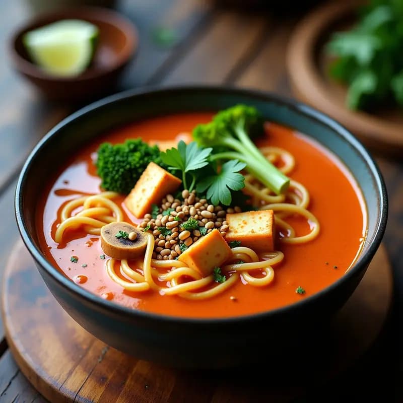 Cuenco hondo de cerámica negra con laksa de curry rojo y tofu vegana, espesa y cremosa, con trozos de tofu sedoso, champiñones shiitake y brotes de soja. Decorada con cilantro fresco y rodajas de limón, sobre un fondo de madera rústica.