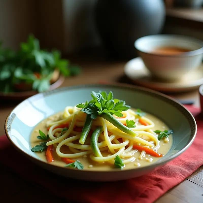 Cuenco hondo de cerámica negra con laksa de fideos de calabacín y leche de coco, decorada con brotes de soja, cilantro fresco y rodajas de chile rojo. La sopa tiene un color cremoso dorado con toques verdes y blancos, servida sobre una mesa de madera rústica con una rodaja de limón al lado.