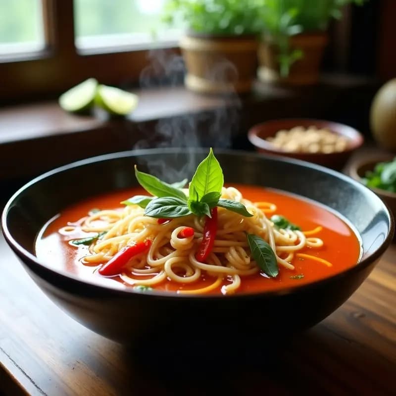Cuenco hondo de cerámica negra con laksa de fideos de konjac y pollo, caldo cremoso de leche de coco y especias, decorado con albahaca tailandesa, rodajas de chile rojo y brotes de soja sobre fondo de madera rústica.