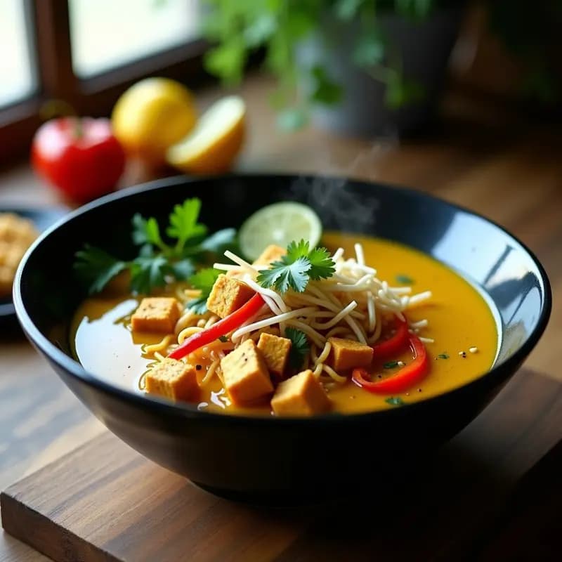 Bowl hondo de cerámica negra con laksa de fideos de lentejas y tofu con curri verde, decorado con cilantro fresco, semillas de sésamo y rodajas de limón, sobre fondo de madera rústica.