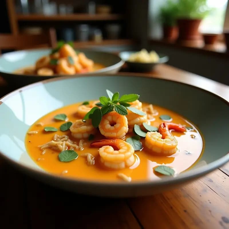 Cuenco hondo de cerámica negra con laksa de gambas y leche de coco, sopa malasia picante y exótica, decorada con cacahuetes tostados, cilantro fresco y rodajas de limón, sobre fondo de madera rústica.