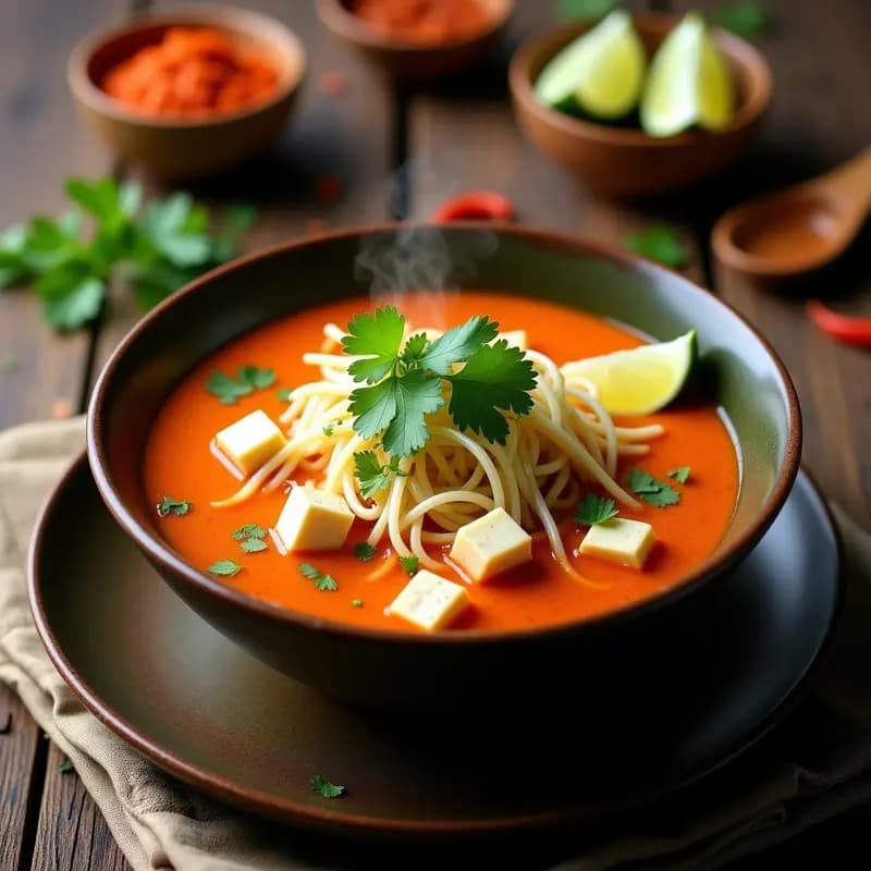 Cuenco hondo de cerámica negra con laksa vegana malaya: caldo cremoso color naranja con trozos de tofo sedoso, brotes de soja crujientes, fideos de arroz y decorado con cilantro fresco, cebollino y rodaja de lima. Plato humeante sobre fondo de madera rústica con especias asiáticas al lado.