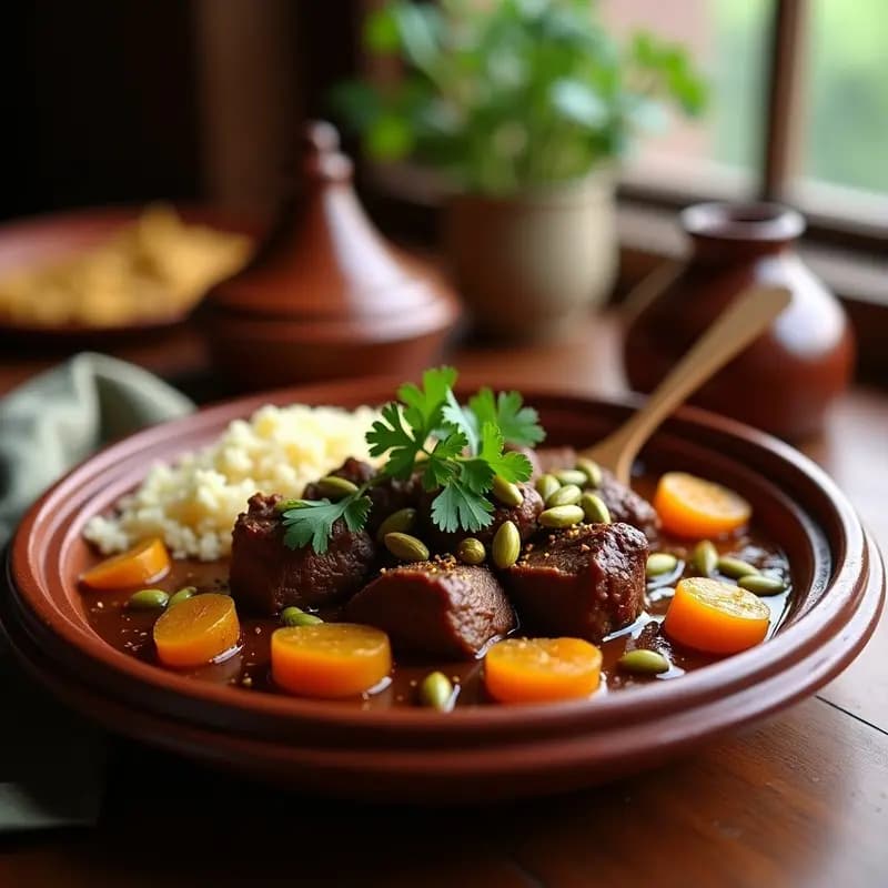Plato de Lamb Tagine con Albaricoques y Pistachos en tagine de barro, con trozos de cordero dorado, albaricoques brillantes y pistachos tostados espolvoreados, acompañado de cilantro fresco y limón confitado.