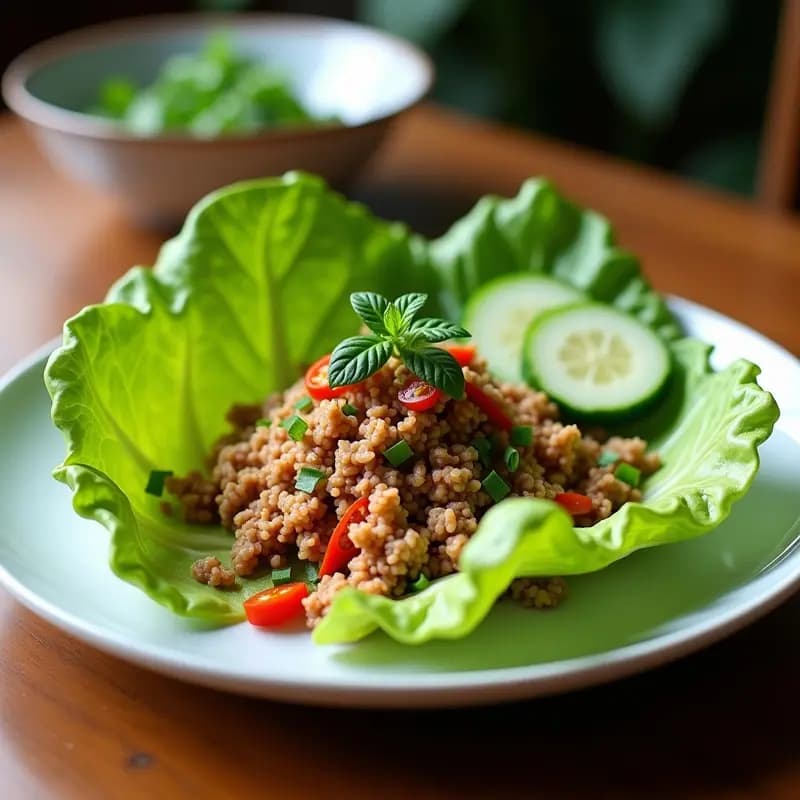 Plato tradicional tailandés de larb de cerdo picado con hierba limón y chile, servido sobre hojas de lechuga romana, decorado con cacahuetes picados, menta fresca y rodajas de lima, con un fondo rústico de madera oscura.