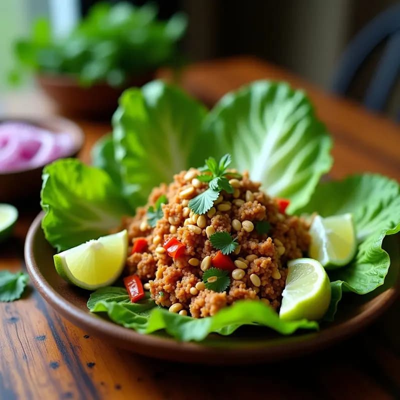 Plato tradicional laosiano Larb de Cerdo con hierbas frescas y lima, servido sobre hojas de lechuga romana, decorado con cacahuetes tostados y gajos de lima, con trozos de cebolla morada y hierbas verdes vibrante.