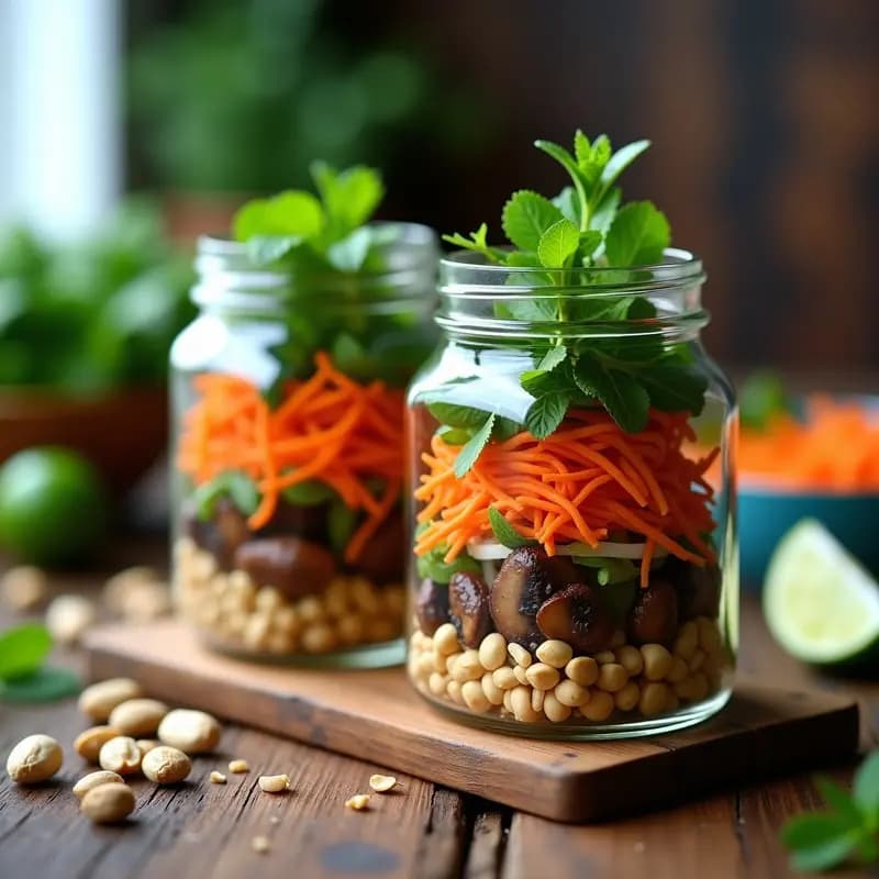 Tarros de vidrio transparentes llenos de Larb de Champiñones y Menta, ensalada tailandesa picante con capas de champiñones salteados, hierbas frescas, zanahoria rallada y cacahuetes. Plato fresco y colorido ideal para tupper.