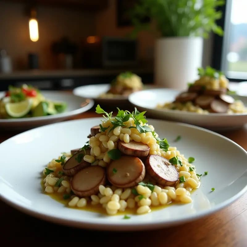 Plato colorido de larb vegano laosiano con champiñones portobello salteados, hierba limón, menta y cilantro fresco, servido en hojas de lechuga romana sobre mesa de madera rústica.