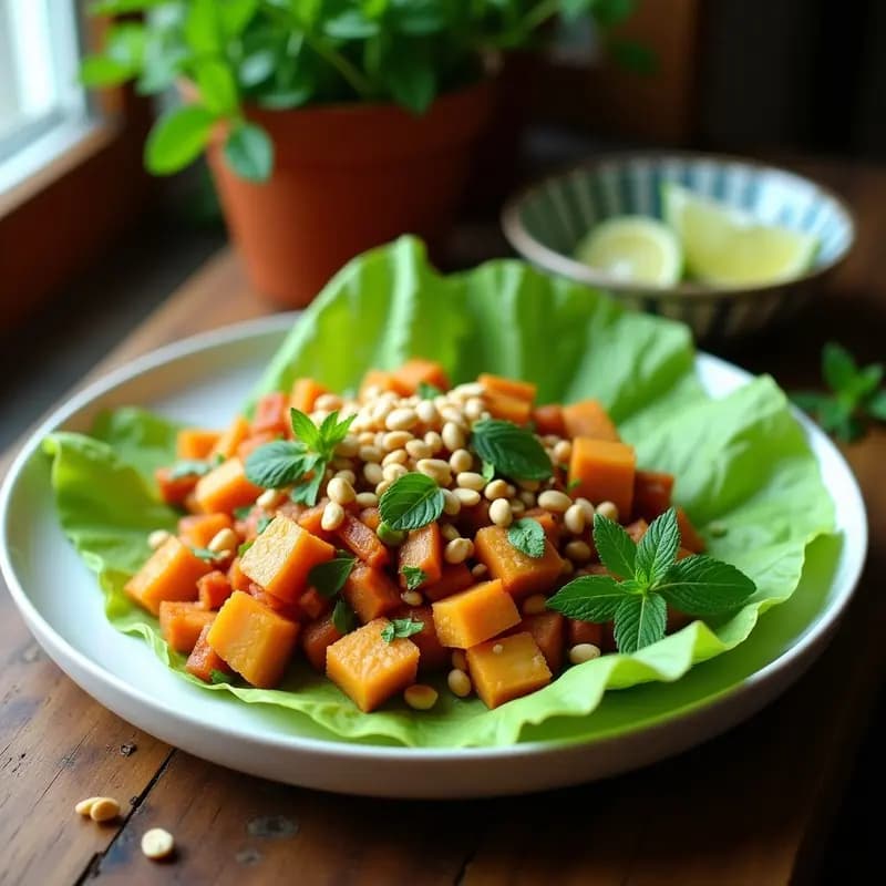 Plato colorido de Larb Gai de Jackfruit vegana, con trozos de jackfruit desmenuzado, hierbas frescas, cacahuetes triturados y rodajas de lima, servido en hoja de lechuga sobre fondo rústico de madera.