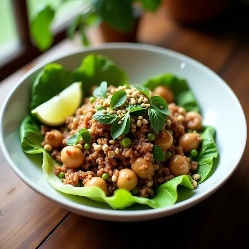 Plato blanco con ensalada Larb Gai Tailandés keto: pollo picado salteado con hierbas frescas (menta, cilantro, hierbabuena), servido sobre hojas de lechuga romana, decorado con semillas de sésamo, cacahuetes picados y rodajas de lima. Fondo rústico con textura de madera.