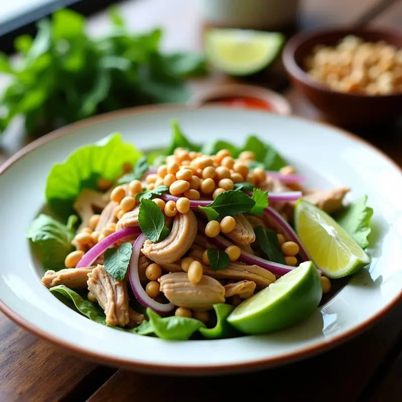 Ensalada Larb Gai de pollo desmenuzado con hierbas tailandesas frescas como menta, cilantro y hierba de limón, servida sobre hojas de lechuga romana y decorada con cacahuetes tostados. Plato colorido y vibrante con tonos verdes, blancos y dorados.